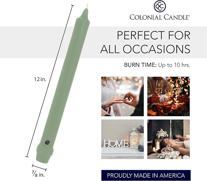 Colonial Candle Unscented Taper Candle, Classic Collection, Colonial Classic Green, 12 In, Pack of 12 - Up to 10 Hours Burn