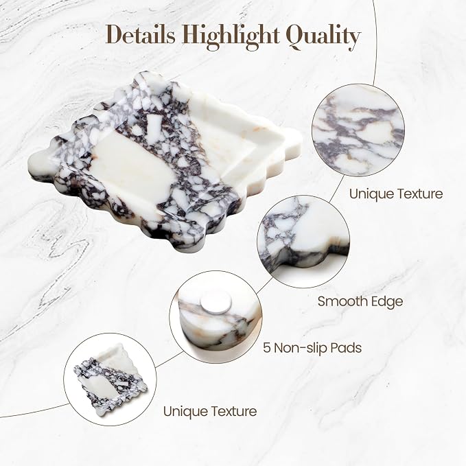 SAMAH Calacatta Viola Natural Marble Tray, Scalloped Bathroom Tray, Luxury Decorative Trays for Bathroom, Vanity, Dresser, Kitchen & Home Decor, Housewarming Gifts New Home (Square)