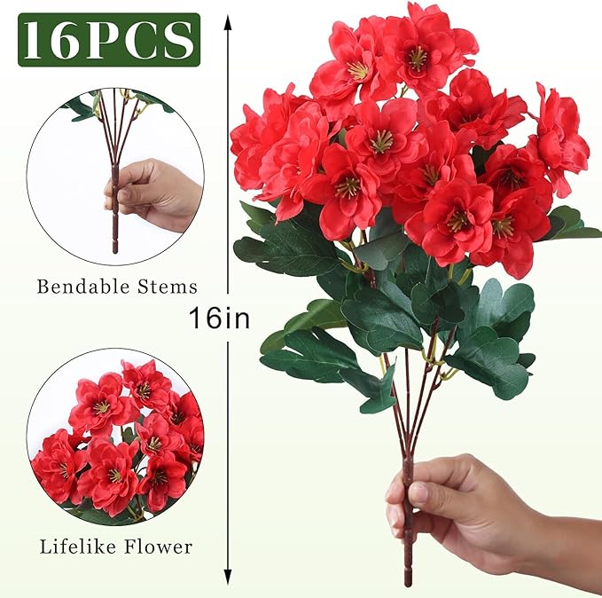 YXZZWL 16 Bundles Artificial Flowers for Front Door, Fake Silk Azalea Bouquet Silk Flowers for Outside UV Resistant Realistic Faux Plants for Planter Farmhouse Patio Garden Walkways Home Decor (Red)