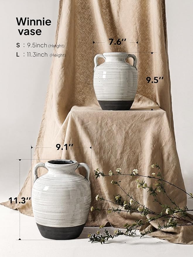 White Ceramic Vase, 9.5 Inch Large Farmhouse Flower Vase with Handles - Rustic Centerpiece for Living Room, Table, Bookshelf, Mantel, Entryway & Wedding Decor (Aurora White)