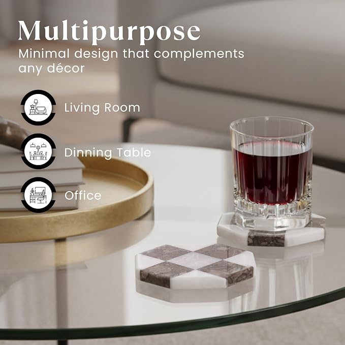 Marble Coasters Set of 4, White & Oceanic Handmade 4 inch Star Stone Coaster, Drink Checkered Coasters for Coffee Table, Stylish Bar Accessories & Modern Home Décor