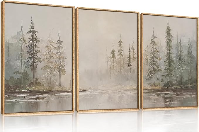 HPNIUB Modern Misty Pine Tree Framed Wall Art Set,Neutral Abstract Landscape Wall Decor,Nature Foggy Forest Art Print,Beige Rustic Farmhouse Artwork for Living Room, Bedroom,Office-16''x24''x3