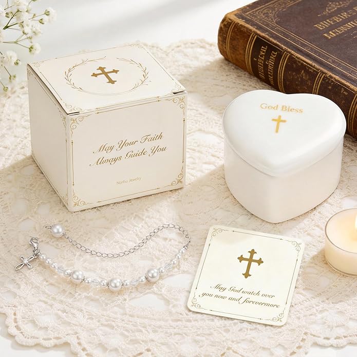 NORBU S925 Cross Bracelet for Girls, Sterling Silver Baby Baptism Cross Pearl Bracelet with Keepsake Box, Baptism Gifts for Girls, First Communion Baby Dedication Gifts for Newborn Catholic Easter Christening Gift