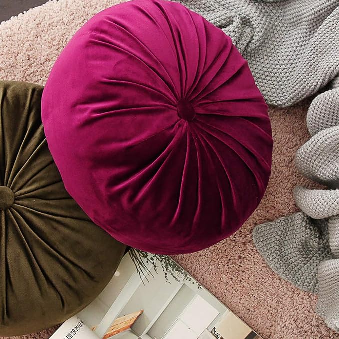 vctops Round Velvet Solid Color Chair Cushion Pumpkin Pleated Throw Pillow Home Decorative Floor Pillow Diameter 15" Purple Red