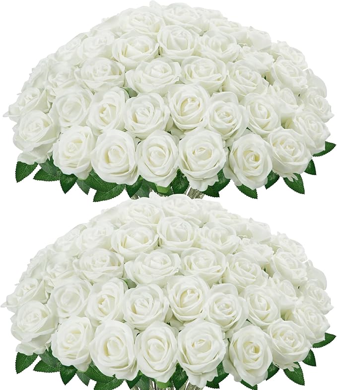 InnoGear 100 Pcs White Roses Artificial Flowers, Fake Velvet Silk Rose Bulk Faux Flower for Decoration DIY Wedding Centerpieces Proposal Bridal Bouquets Shower Party Home Floral Decor (100, White)