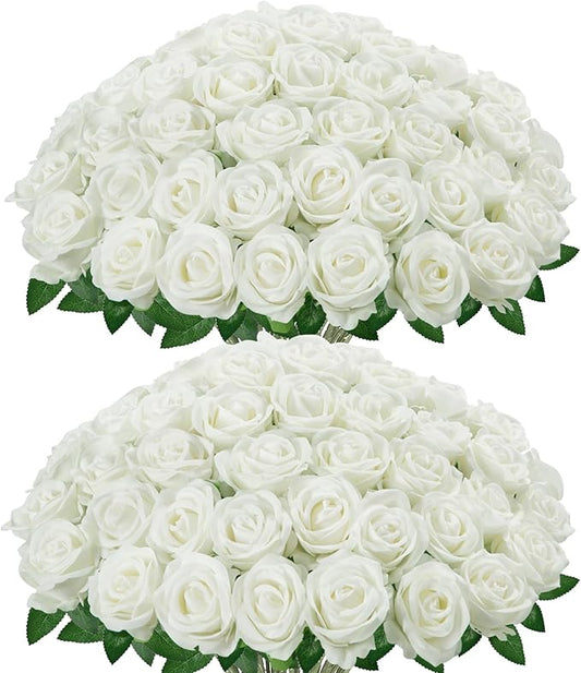 InnoGear 100 Pcs White Roses Artificial Flowers, Fake Velvet Silk Rose Bulk Faux Flower for Decoration DIY Wedding Centerpieces Proposal Bridal Bouquets Shower Party Home Floral Decor (100, White)