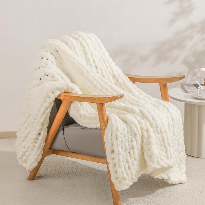 bearberry Chunky Knit Throw Blanket 60x80 Inches Handmade, Soft Jumbo Chenille Yarn with Cable Rope Knot Design, Thick Cozy Large Blanket for Couch, Sofa, Bed & Living Room Home Decor, Cream