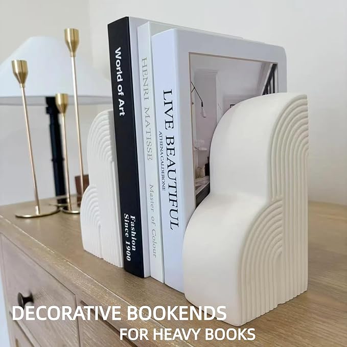 Concrete Bookends Decorative for Heavy Books - Aesthetic Boho Style Set of 2, White Decorative Bookends for Shelves, Office Boho Decor, Home Decor, or Library Decor (Cream White)