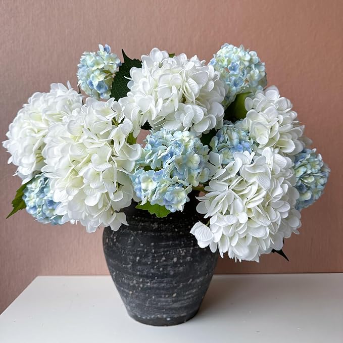 YalzoneMet Artificial Snowball Viburnum 4 Pcs 26.8 in Graduated Blue Small Hydrangea 2 Head Natural Lifelike Real Touch Faux Latex Long Stem Vibernum Flower for Home Decoration Outdoor Wedding Deco