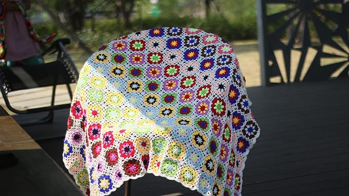 RISEON Handmade Granny Square Crochet Throw Blanket Sweater Style Mat, crochet quilt, multicolor Boho Travel Accent Decor Throw for Sofa Comforter Couch Bed Recliner Living Room Bedroom 47" x47"