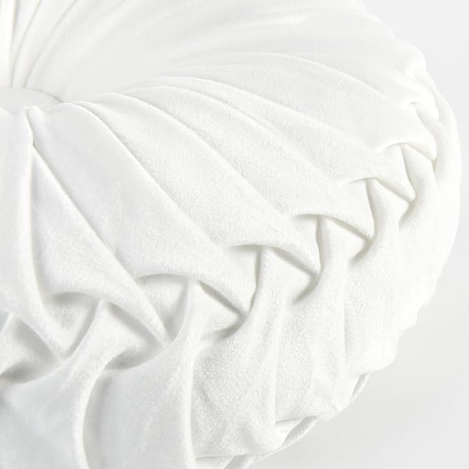 HIG Set of 2 Decorative Round Pleated Throw Pillows, Classy Accent Pumpkin Throw Pillows with Center Button, Vintage Velvet Floor Pillows for Sofa Vanity Chair Bed, White, 14.5" Diameter(Ripple)