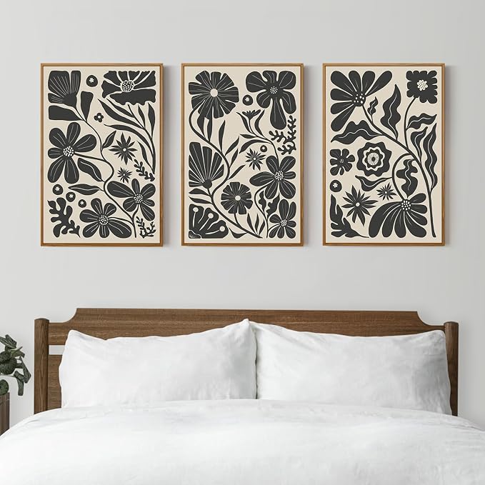 Black Floral Botanical Framed Canvas Wall Art Set, Abstract Floral Market Wall Decor, Modern Vintage Wall Painting, Boho Minimalist Art Print for Living Room Girl Room Office 16"x24"x3