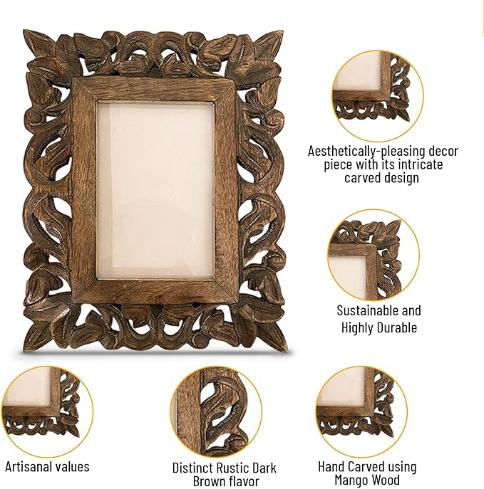 Hand Carved Mango Wood Rustic 4x6 Picture Frame with Real Glass - Aesthetic Vintage Wood Frame for Tabletop Use - Rustic Home Decor Perfect for Your Memories
