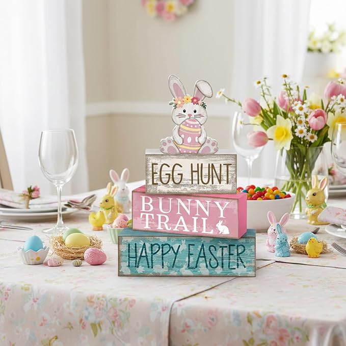 Lineshading 4 Pcs Easter Bunny Table Decor Wooden Pastel Bunny - 3-tier Wooden Tabletop Sign with 3D Floral Rabbit & Egg, Rustic Farmhouse Decorations for Home Easter Egg Hunt Party Centerpiece Gift