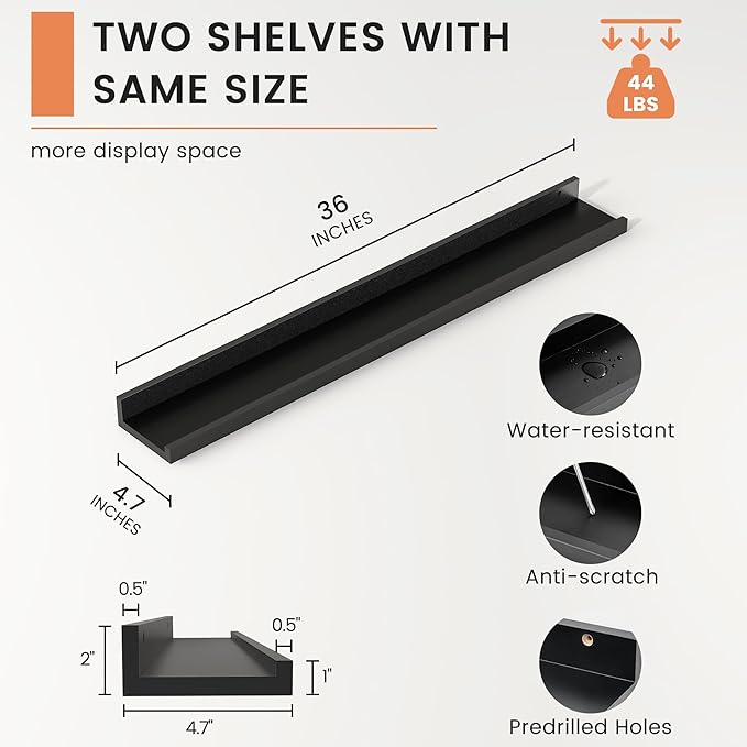 FLYJOE Picture Ledge Shelf, Floating Shelves Set of 2, 36 Inches Nursery Book Shelves for Toys Storage, Kids Bookshelf Wall Mounted for Living Room Bedroom Decor Books Photo Frames, Black