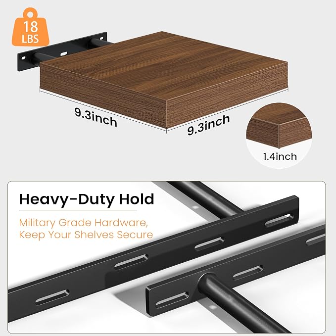 Fun Memories Floating Shelves for Wall, 9.3 Inch Set of 4 Rustic Wood Wall Shelves with Invisible Brackets, Heavy Duty Storage Display for Bathroom Bedroom Living Room Kitchen, Walnut