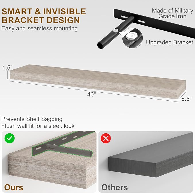 Fun Memories Floating Shelves for Wall, 40Inch Floating Shelves Set of 2, Hanging Shelf with Invisible Brackets, Wood Shelves for Living Room, Bedroom, Kitchen, Grey