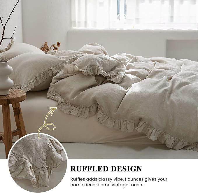 Simple&Opulence 100% Linen Duvet Cover Set, 3 PCS Natural French Flax Ruffle Duvet Cover Full Size, Breathable Comfy Linen Bedding Comforter Cover with 2 Pillowcases (Natural Linen, 78"X 86")
