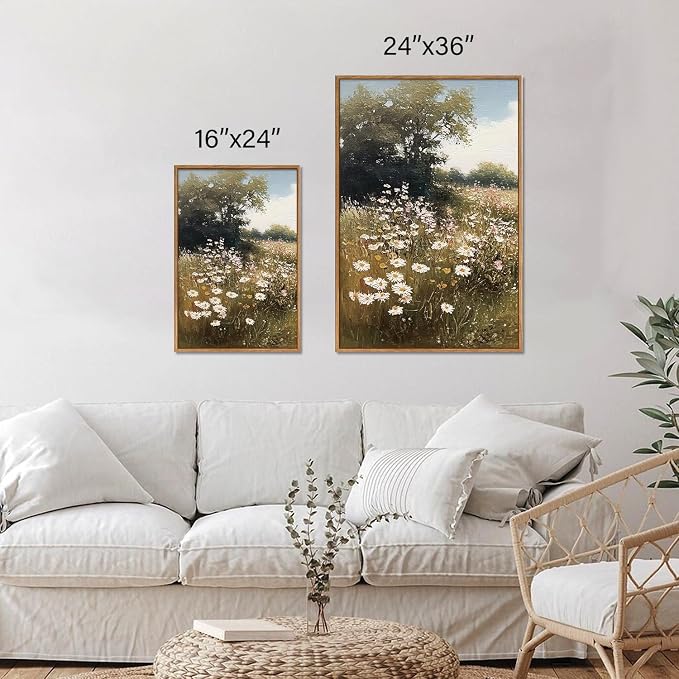Rantodecor Rustic French Country Framed Canvas Wall Art, Vintage Flower Field Wall Decor, Calming Nature Landscape Art Paintings, Modern Wildflower Artwork for Farmhouse Bedroom Living Room 24"x36"x3
