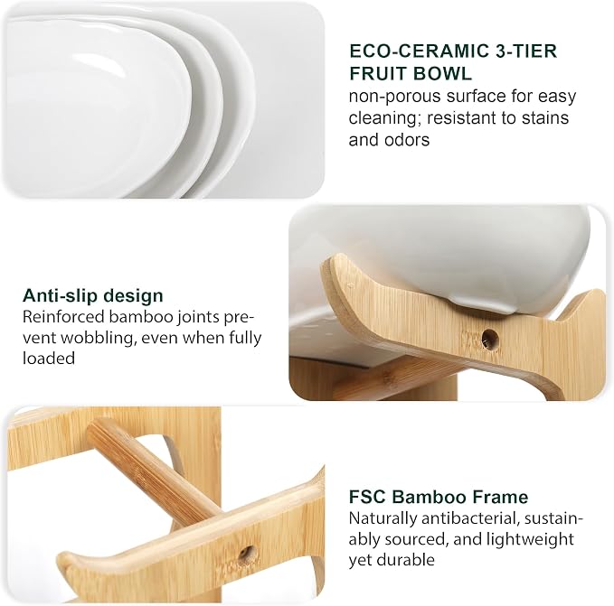 SEVEN SPARTA Fruit Bowl for Kitchen Counter - 3 Tier Ceramic Serving Bowls with Bamboo Stand, Tiered Fruit Basket for Fruit Vegetable Storage, Cake, Dessert, Nuts, Snack, Salad (Dishwasher safe)