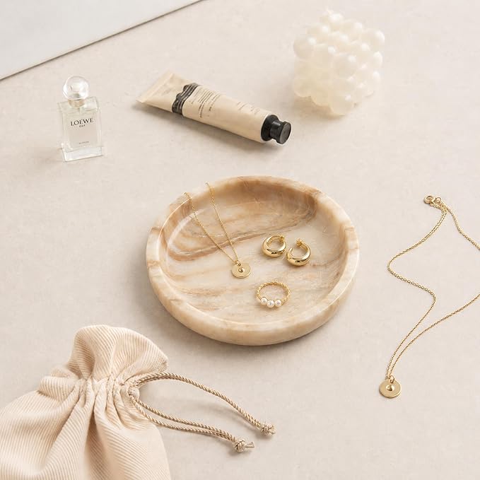 Small Natural Marble Jewelry Tray Key Plate Holder Dish Trinket Decor Catch All Bowl for Ring Earring Stone Gift for Women Daugther,Calacatta Glod,5.5"