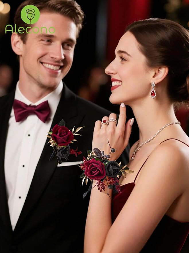 Alecono Set of 2 Wrist Corsage for Wedding, Burgundy and Black Corsages for Bride Bridesmaid, Artificial Flowers for Prom Graduation Ceremony Anniversary