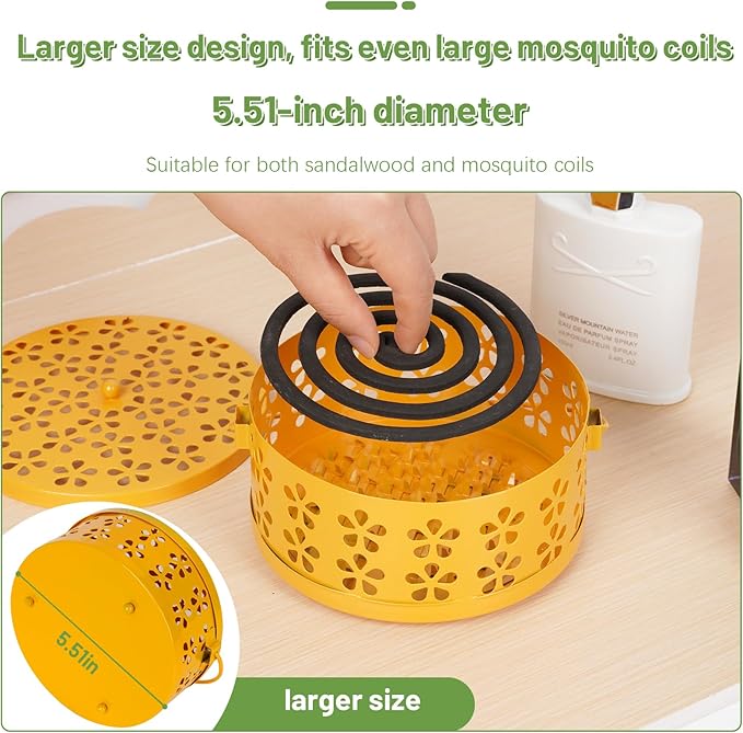 Portable Iron Mosquito Coil Holder with Handle Round Heat-Resistant Incense Holder (Yellow)