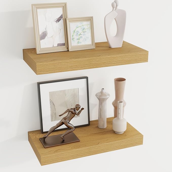 Dreamland 16" Floating Shelves 6.7" Deep Wall Mounted Set of 2 Oak | Wall shelves for bathroom, bedroom, Living Room, kitchen, deep wall mount wood storage display for home decor 16" x 6.7"