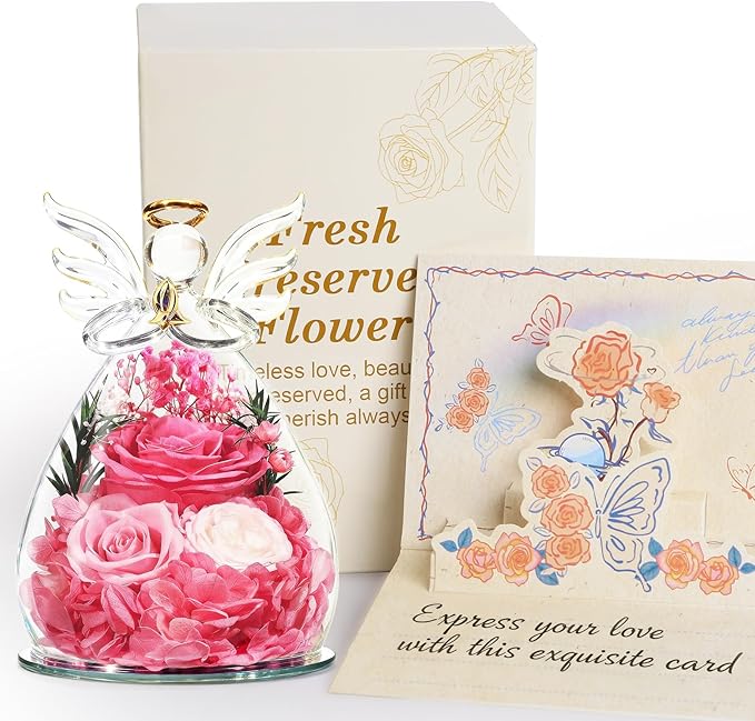 homeasy Roses Gifts for Women Birthday, Preserved Flowers Rose in Glass Angel Figurines, Forever Fresh Flowers for Delivery Gift Box with 3D Card for Wife Mom Her Grandma-Pink