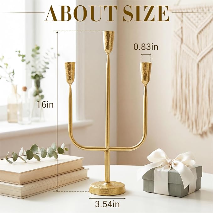 1 Pcs 16 Inch 3 Arm Metal Candelabra Cast Iron Taper Candelabra Vintage Tall Candle Holder Decorative Candlestick Holder for Wedding Antique Table Centerpiece & Mantel Decor (Gold)