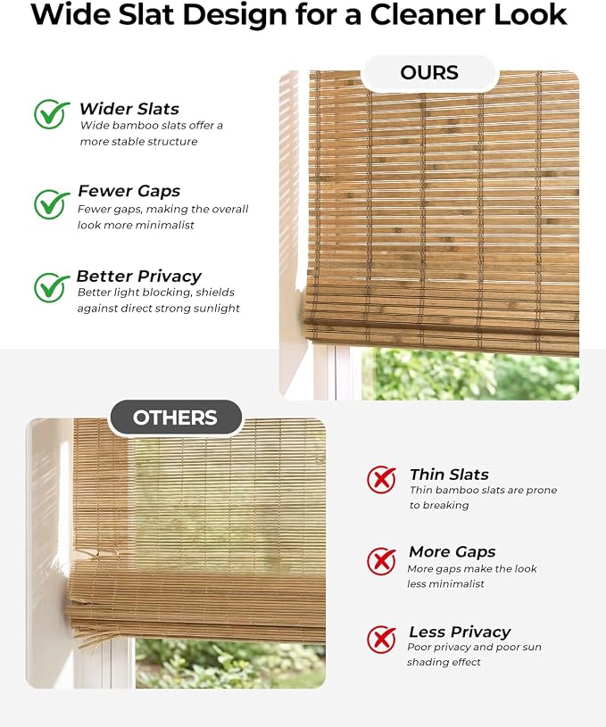 UNISHADES No Drill Cordless Bamboo Roman Shades, 22.5×64 in, Teak | Natural material, Light Filtering, Easy Install