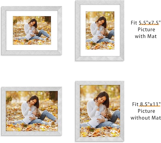 Picrit 8.5x11 Picture Frame Set of 12, Display 6x8 with Mat or 8.5 x 11 without Mat, Photo Frames for Wall Mounting or Table Top Display, Silver