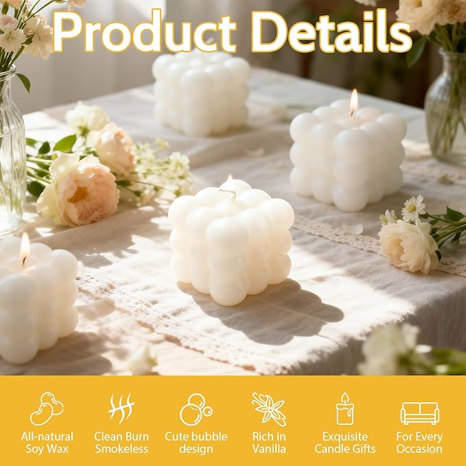 24 Pieces Bubble Candle - Cube Vanilla Soy Wax Candles - Handcrafted Mini Soy Candles, for Aesthetic Room Decor, Large Decorative Shaped Candle for Home, Bedroom, Office & Gift