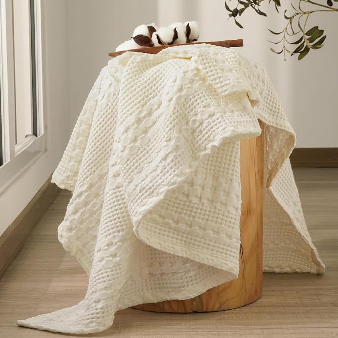PHF 100% Cotton Waffle Throw Blanket for Couch, Lightweight Breathable and Soft for Summer, Luxury Aesthetic Waffle Weave Blanket for Home Decor & Office, Gifts for Women, 50"x60", Cannoli Cream