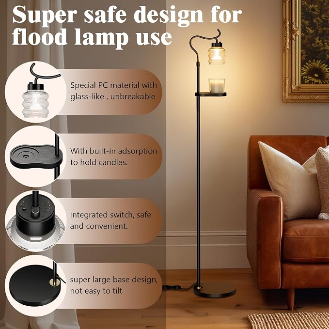 Candle Warmer Floor Lamp with Timer, Dimmable Candle Warmer for Home Decor, Height Adjustable Floor Warmer, Birthday Gifts for Girlfriend Mom Christmas Mother's Day Gfit (Black Top)