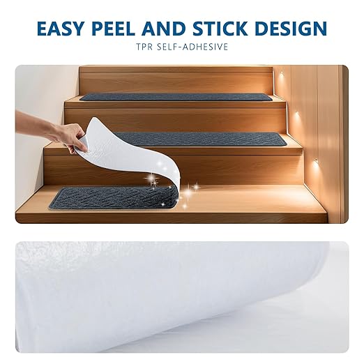 Stair Treads for Wooden Steps Indoor, 15 Pack 8" X 30" Non Slip Carpet Stair Treads with Reusable Adhesive for Kids Elders and Dogs, Surface Polyester TPR Backing Stair Rugs