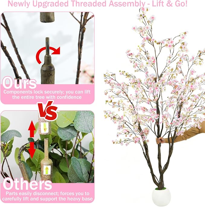 Caxchiling Artificial Cherry Blossom Tree 5FT, Pink Faux Floor Tree | Ball-Shaped Pot with Moss Topper, Lifelike Faux Tree for Home Office, Living Room, Bedroom, Doorway and Hallway Decor