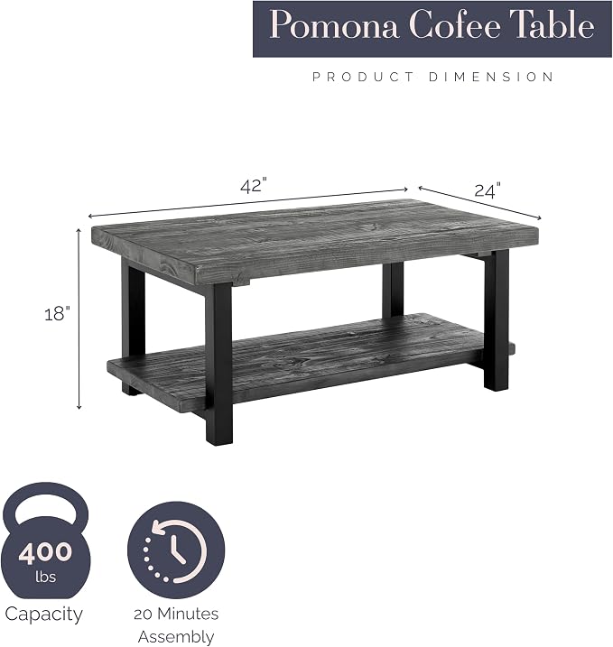 Alaterre Furniture Pomona Solid Wood Coffee Table, Slate Grey, 42” | Rectangular Center Table with Storage Shelf and Metal Legs, Rustic Industrial Farmhouse Living Room Furniture