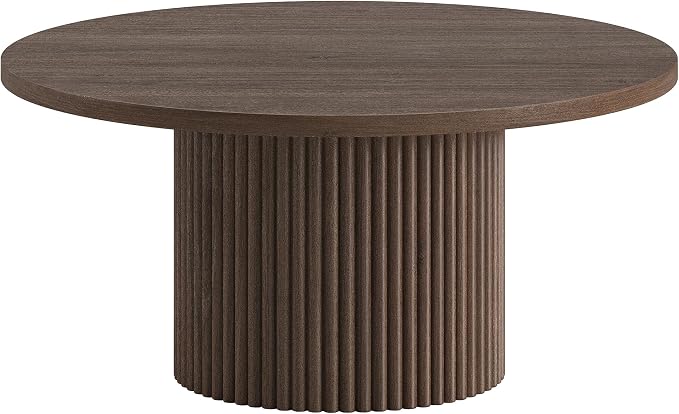 Henn&Hart 32" Fluted Round Pedestal Low-Profile Coffee Table for Living Room, Family Room, Office, or Apartment, Heritage Oak