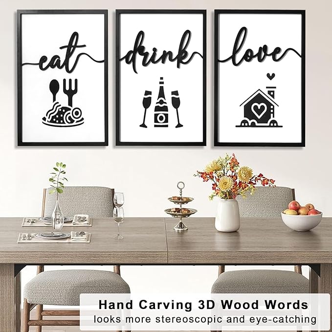 3D Wood Dining Room Wall Decor, Framed Kitchen Pictures Wall Art for Dining Room Wall Decor(Ready to Hang, 16x24 inches, Set of 3, Framed)