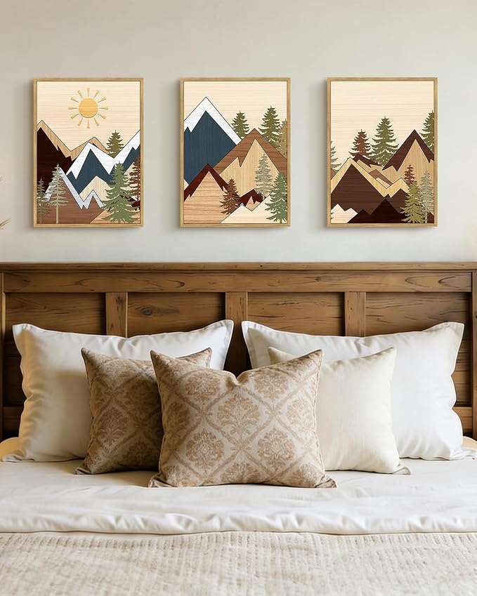 PHOPAGO Mountains Framed Wall Art Morden Boho Woodcut Pine Tree Forest Nature Landscape Artwork Bohemain Kitchen Farmhouse Rustic Home Decor - 11x14in Natural Framed