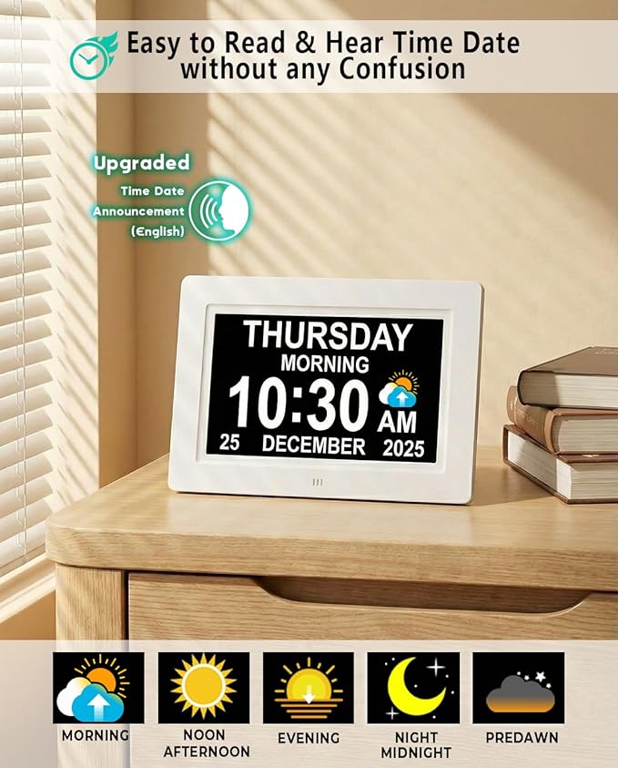 Upgraded Voice-Talking Dementia Clock with Date Time, 27 Alarms Custom Reminders, Sleep Trainer, Large Numbers, Auto DST, 10 Levels Night Dimmer, Digital Calendar Clock for Elderly, with 1.5M Adaptor