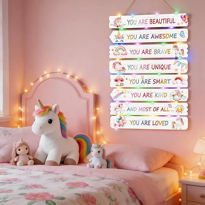 Vintage Classic Unicorn Sign Nursery Wall Decor Set of 8 with LED Lights, 11.4x2 Pink Cute Plaque Wall Art for Baby Girl Kid Teen Toddlers, 8 PCS Positive Wooden Quote Gift for kawaii Fairy Room