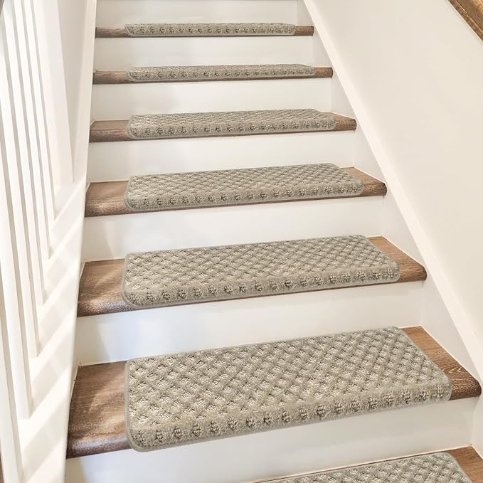 PURE ERA Bullnose Carpet Stair Treads Tape Free Non-Slip Indoor Stair Protectors Pet Friendly Stair Treads for Wooden Steps 9.5" x 30"(2 Pieces,Cream Gray Mini-Diamond Trellis)