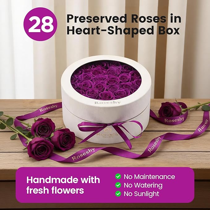 Valentines Day Flowers Roses Gifts for Her,28pcs Purple Forever Preserved Roses in Round Gift Box,Valentines Day Delivery Prime Gifts-Roses Gifts for Women,Mom.