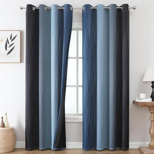 Estelar Textiler Navy Blue and Black Ombre Blackout Curtains 84 Inches Long 2 Panels, Thermal Insulated Gradient Drapes for Bedroom, Full Room Darkening Energy Saving Curtains for Living Room,52Wx84L