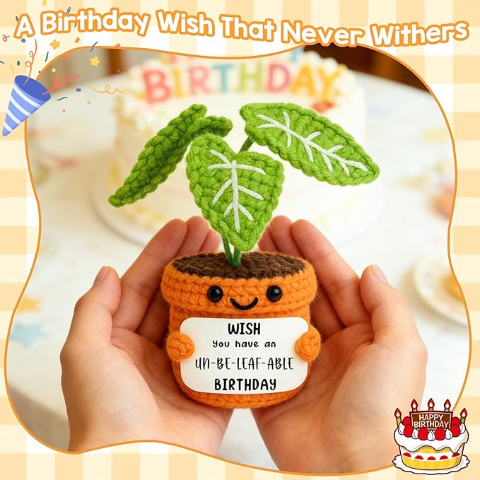 Unique Birthday Gift for Girlfriend Boyfriend Women Friend Crochet Plant Decor with Unbeleafable Birthday Card Handmade Valentines Potted Plush Funny Office Gift for Her Him