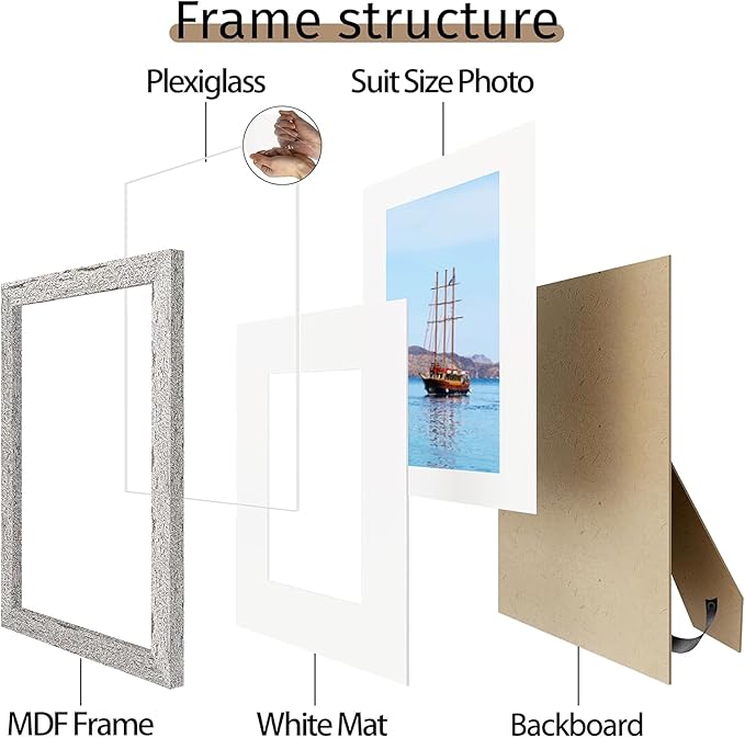 Picrit 11x14 Farmhouse Picture Frame Set of 12, Display 8x10 with Mat or 11 x 14 without Mat, Rustic Photo Frames for Wall Mounting or Table Top Display, Country Gray