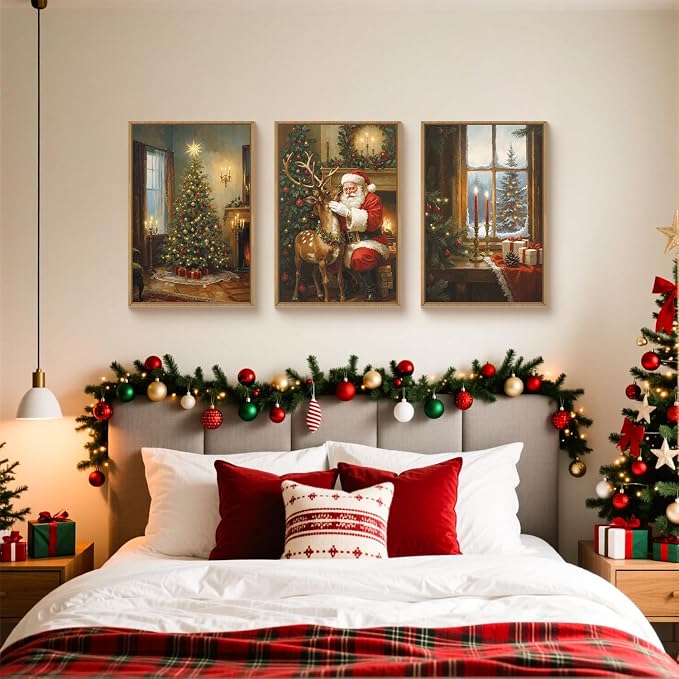 Vintage Christmas Wall Art Set, Santa Reindeer Snowy Painting, Lit Tree Candle Window Artwork for Living Room, Bedroom, Fireplace, Xmas Gifts for Home Decoration -16"x24"x3