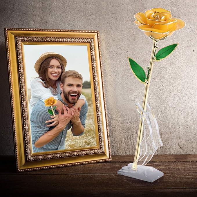 Ejoyous Gold Plated Rose, 24K Gold Dipped Real Rose Flower Lover Mom Wife Daughter Girl Friend, Present on Mother's Day, Wedding Anniversary, Birthday, Proposal, Reward (Yellow